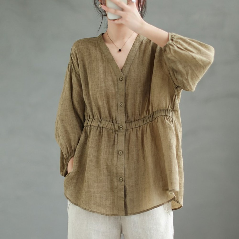 Cotton Linen Blouse 3/4 Sleeve for Women, Open Front Blouse for Women